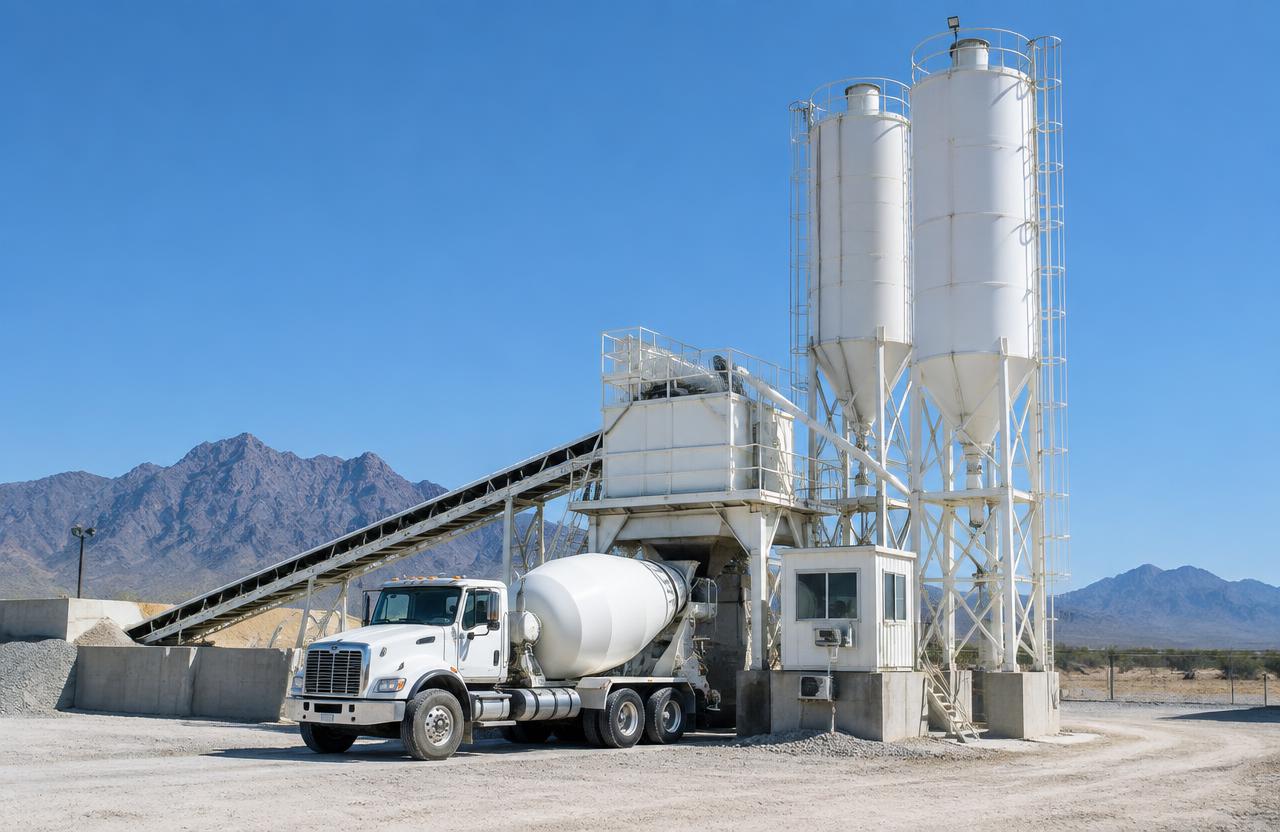 Planta de concreto con silos y camión revolvedor