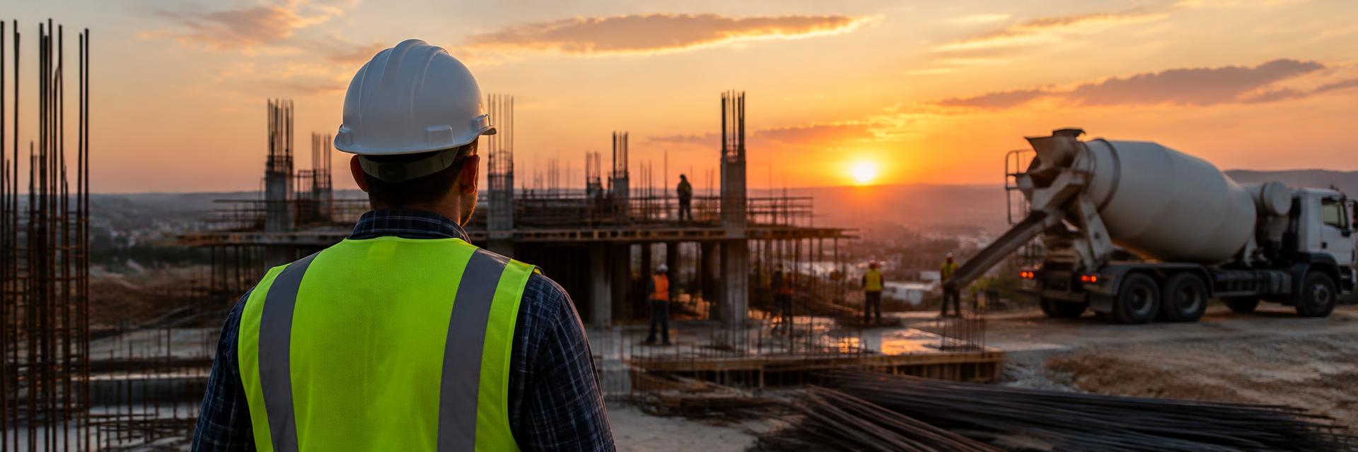 Supervisor de obra observando una construcción al atardecer