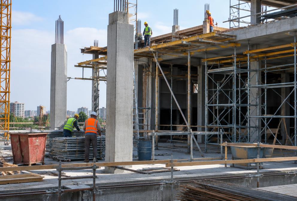 Obra comercial con columnas de concreto y trabajadores