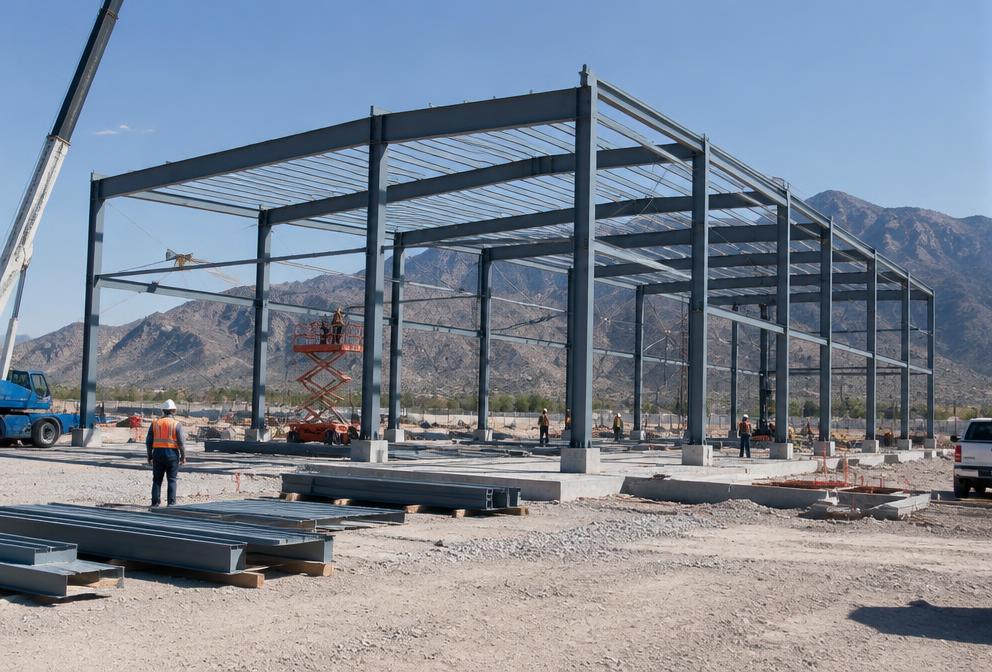 Estructura de acero de una nave industrial en construcción